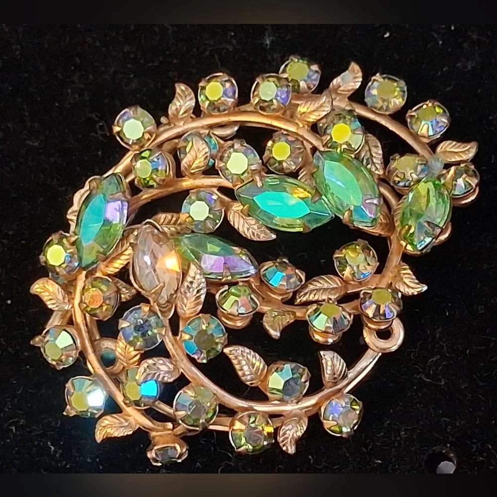 Goldtone Vines And Leaves Brooch With Green And Ab Rhinestones